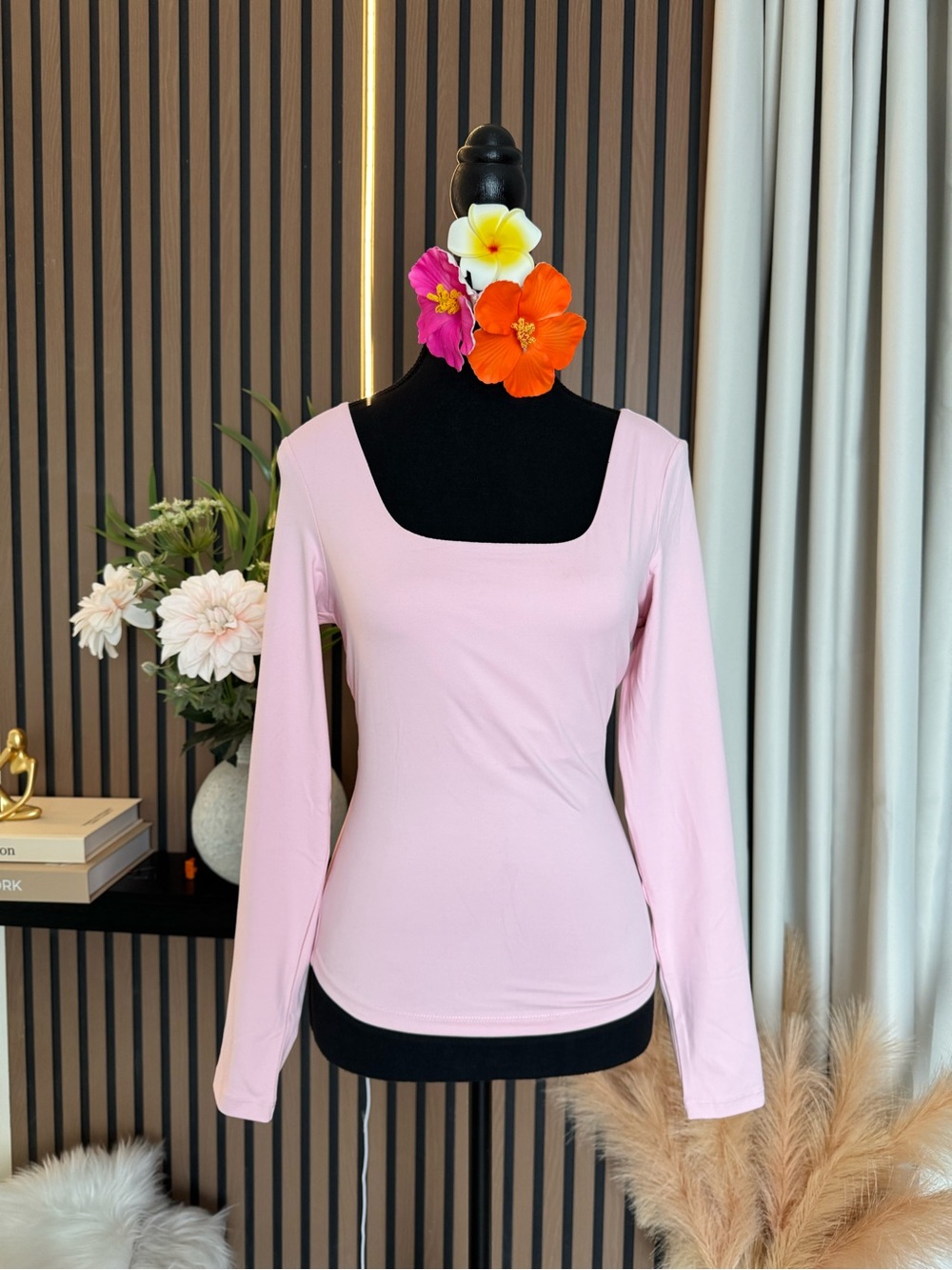 Square Neck Long Sleeve Pink Women's Top
